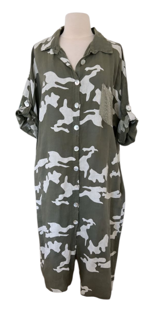 Adela Puro Lino Green Camo Dress